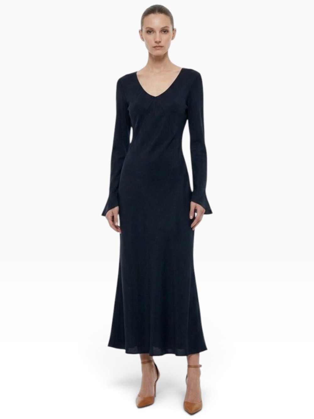The J. Peterman Company Vintage Long Black Bias Cut Long Sleeve Silk Dress 10
